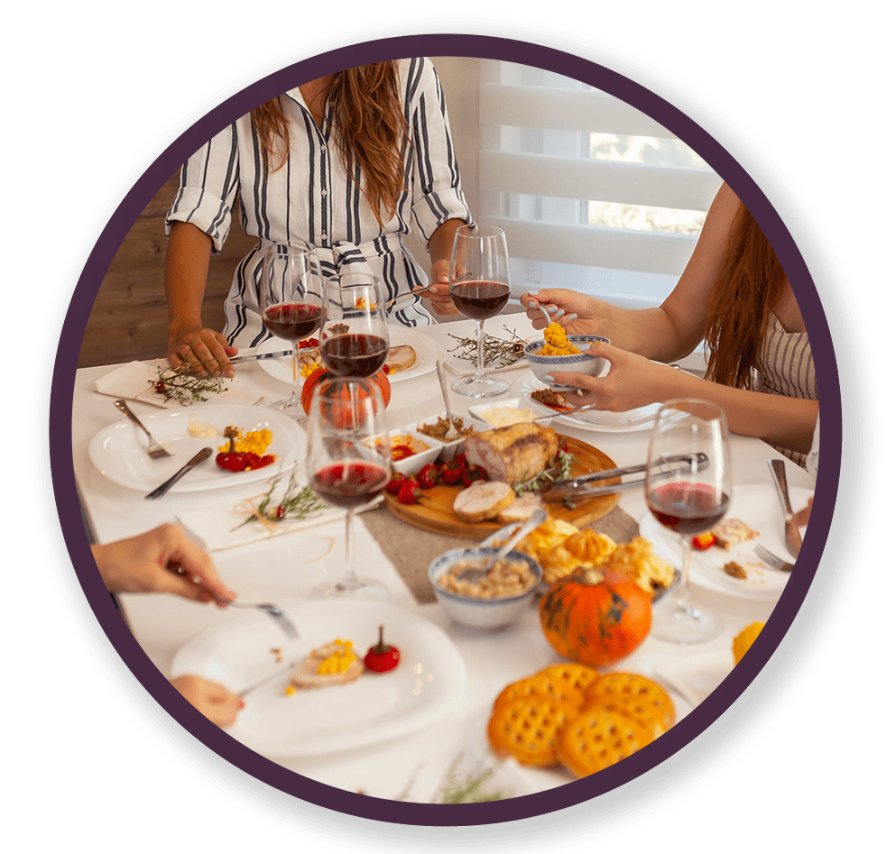 a circular image of a Thanksgiving dinner for '30 days of Thanks'