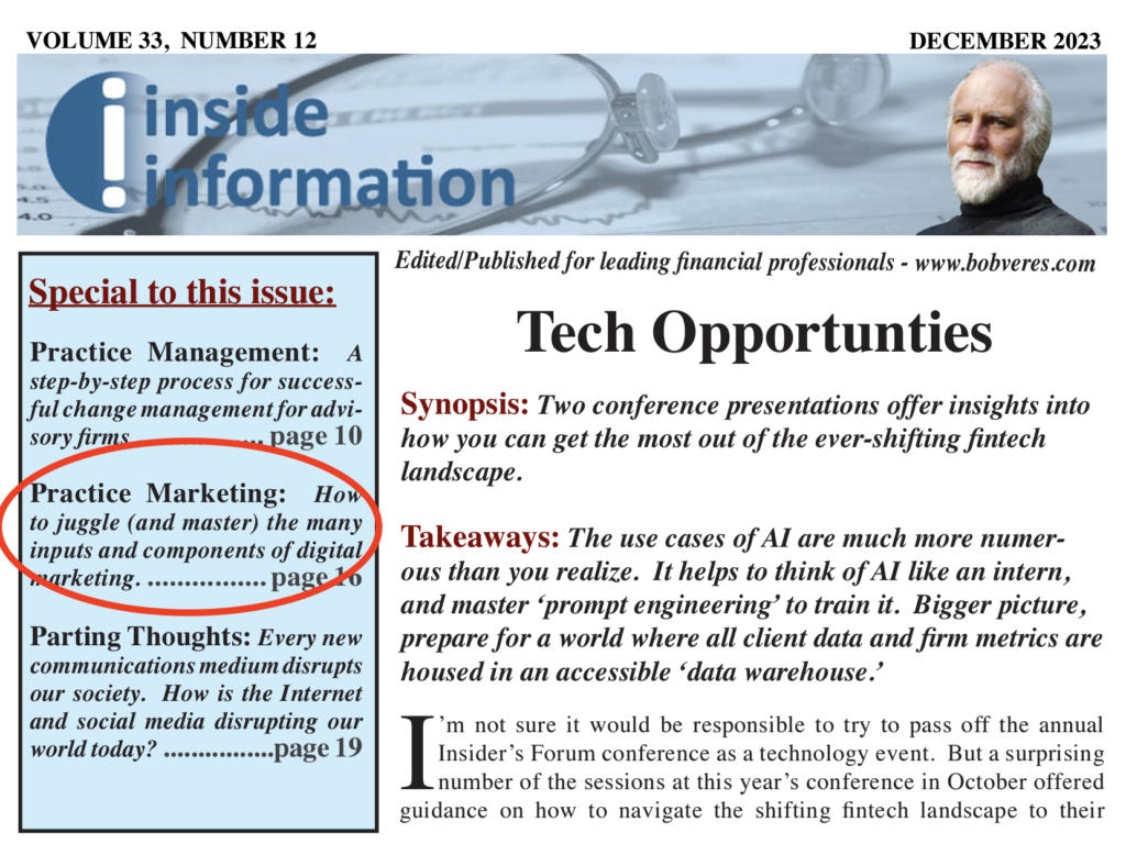 a cover of Digital Navigation - Bob Veres Inside Information, Practice Marketing