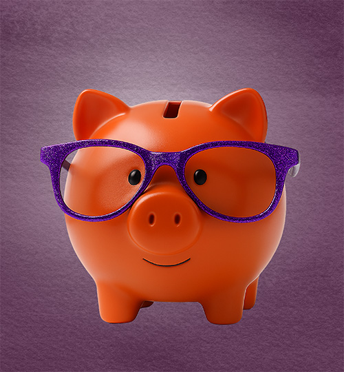 a piggy bank wearing glasses 'Kevin Bacon' Savvy Advisor Marketing mascot